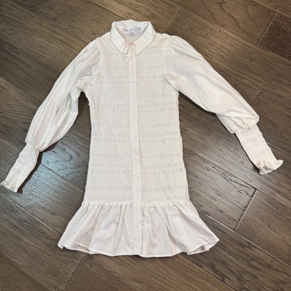 NWT HYFVE White Smocked Mini Dress Long Sleeve Button Down Ruffle Hem‎ Women's M